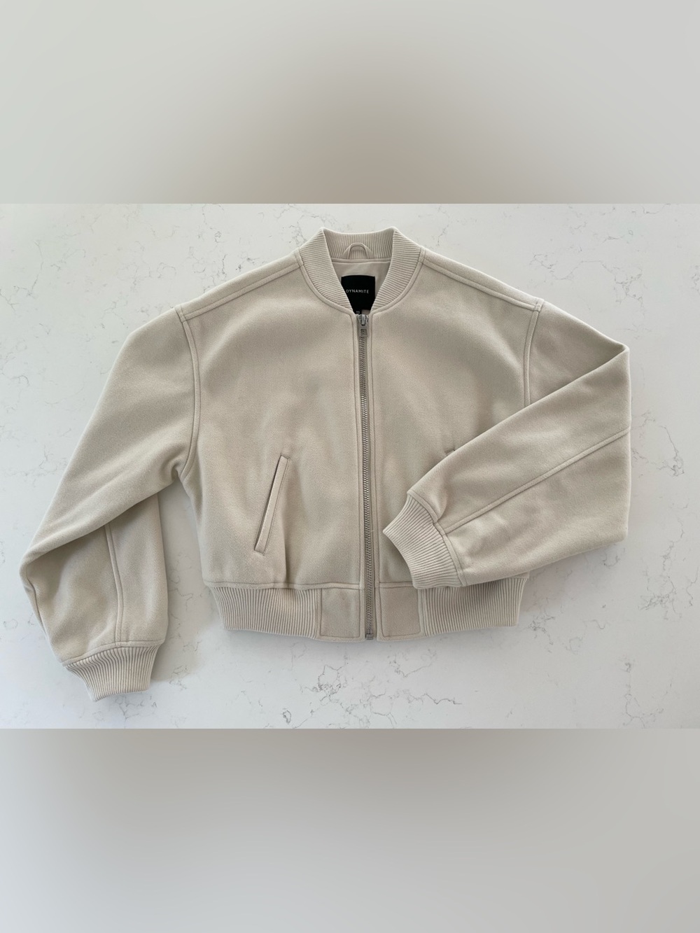 Dynamite Beige Cropped Bomber Jacket